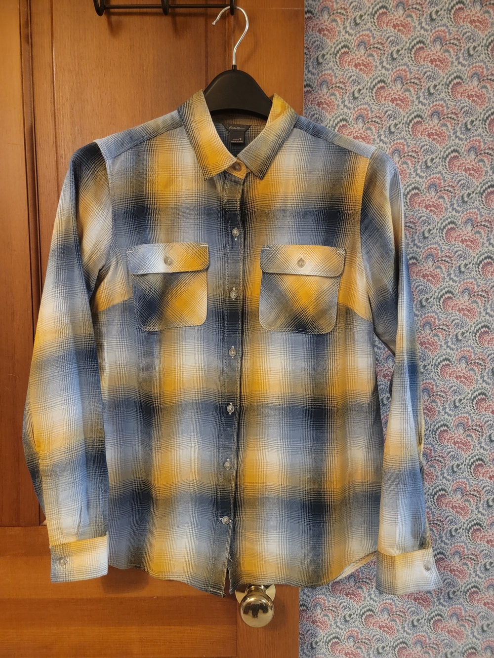 Eddie Bauer Womens Plaid Shirt Small Blue Gold Ombre Tencel Blend Button Up